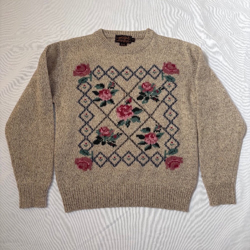 VTG Eddie Bauer Women’s Wool Blend Floral Sweater Size S Cottage-core 90s EUC
